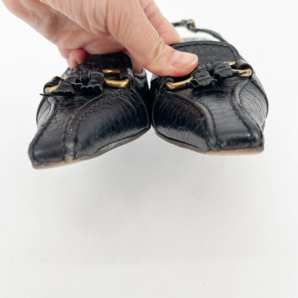 Retro Prada Black Pebbled Leather Fringe Detail Square Toe Slingback Heel IT 37 - Picture 6 of 12